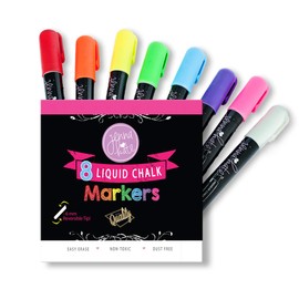 Jennakate - 8 pack Dry Erase Liquid Chalk Markers - 6mm Reversible Tip (Bullet & Chisel Tip)