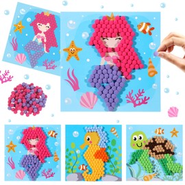 CORNER LACE DIY Pom Pom Art Set for Kids Age 3-6 Years Old 3 Pieces - Under The Sea and Mermaid Theme Fun Arts and Crafts, Sensory Activity Creativity Birthday Christmas Gift Includes 3 Patterns