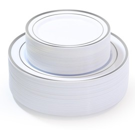 ROCOHANTI 100 PCS Silver Plastic Plates, Silver Plastic Disposable Plates Include 50 Dinner Plate and 50 Dessert Plate Perfect for Holiday, Birthday, Wedding & Party