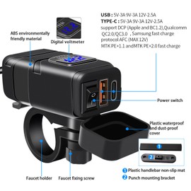 Kriogor Motorcycle Car Charger with QC 3.0 USB Socket and Type-C Port, IP65 Waterproof Dustproof Motorbike USB Adapter with 6-30V LED Voltmeter and On/Off Switch for 12V Boat Marine SUV (Blue)