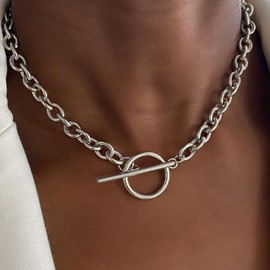 Frodete Chunky Toggle Necklace Toggle Bar Clasp Necklaces for Women Trendy Gold Silver Cuban Link Chain Choker Chunky Statement Necklaces Jewelry Gifts (silver)