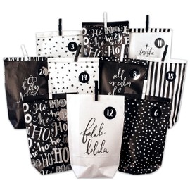 Papierdrachen Advent Calendar 2022 to Fill at Home – 24 Black and White Gift Bags and 24 Number Stickers and Clips – Holy Night Motif Black and White – for Crafts and Giving – Christmas