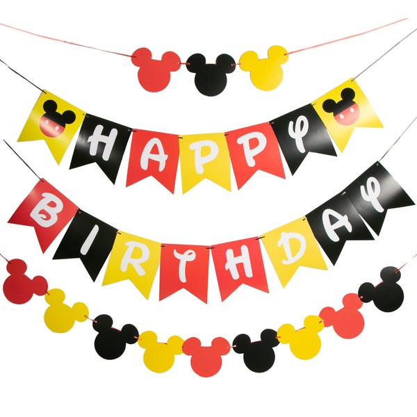 CHuangQi Colorful Happy Birthday Banner with Mickey Style Bunting, Mickey-themed Birthday Party Supplies