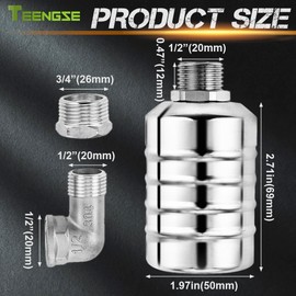 Teengse 2Pcs Automatic Water Level Control Float Valve 304 Stainless Steel, 2Pcs 1/2" & 3/4" Straight/Elbow Fittings with 2 Feed Strip for Water Tanks, Pools, Livestock Troughs (0.2-10Pa, Food Grade)