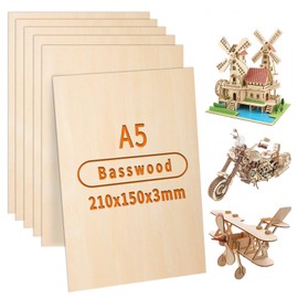 ddckj Plywood Board 3 mm A5 Plywood 21 x 15 cm 6 Pieces Laser Wood Linden Chipboard for DIY Pyrography Painting Laser Processing Crafts Model Making Empty Wooden Panels