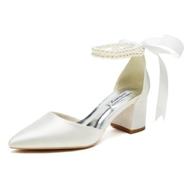 Block Heel Wedding Shoes for Bride Pointed Toe Pearl Wedding Heels Bridal Shoes-Ivory-9