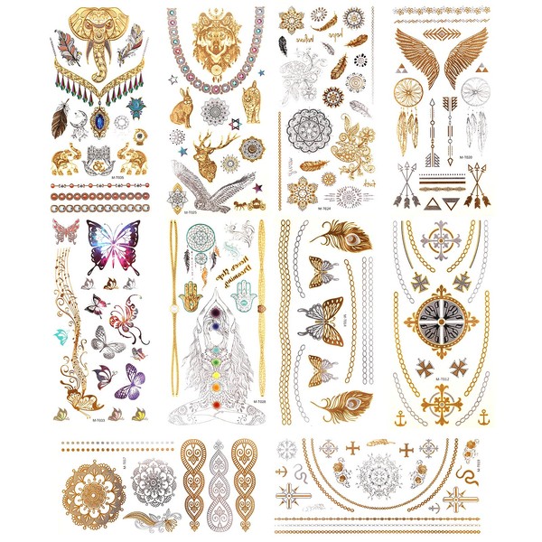 AIEX 11 Sheets Metallic Gold Silver Temporary Tattoos Waterproof for Party Adults Women (Butterfly, Elephant, Animal, Flower, Cross)