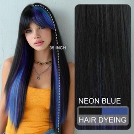 7JHH WIGS 35IN Long Hair Natural Black Highlight Blue Straight Wigs High Layered Cut Women Synthetic Heat Resistant Fiber Cutrain Bangs Wig for Women Fashion Edgy Daily Party Cosplay