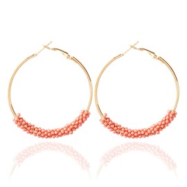 Beaded Hoop Earrings Bohemian Colorful Beaded Earrings Circle Round Hoop Earrings Gold Hoop Dangle Earrings for Women Girls Boho Jewelry Gifts (pink)