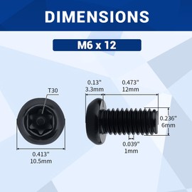 M6-1.0 x 12mm Button Torx Head Machine Screws (25 pcs), 18-8 (304) Stainless Steel Tamper Resistant License Plates Screws, Black Coated, Fayeploo (with Bit)