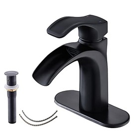 Yodel Matte Black Bathroom Vanity Sink Faucet Waterfall Spout Single Handle for 1-Hole and 3-Holes Installations with Pop up Drain Stopper with Overflow