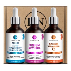 PUREZA NATUR Kit Serum facial Acido Hialurónico, Vitamina C y Retinol anti edad | Paquete completo de serum para el cuidado de la piel, hidratación y rejuvenecimiento con 3 sueros skincare