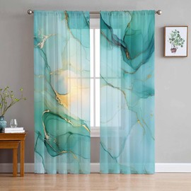 Teal Turquoise Marble Sheer Curtains 84 Inches Long 2 Panels Set, Nature Marble Crack Ombre Art Window Sheer Curtains for Living Room/Bedroom, Light Filtering Rod Pocket Curtain 52'' x 84'' x 2