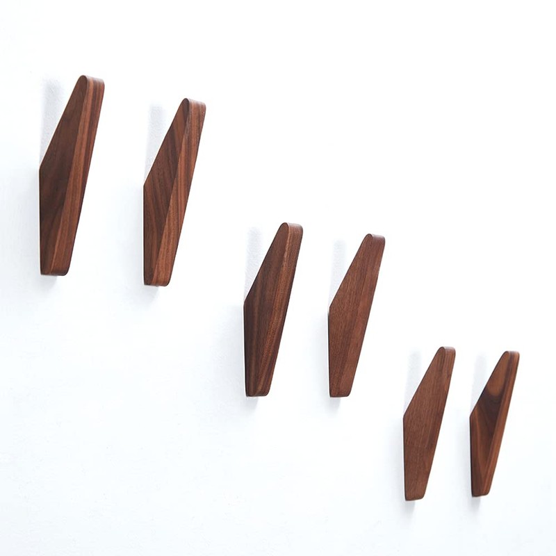 LONANGG Pack 6 Wood Wall Hooks, Black Walnut Coat Minimalist