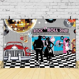 Disco Retro Style Photo Backdrop - 50's Rock Roll Prom Dance Birthday Diner Party Decor - Retro Diner Time Classic Car Party Decoration Banner, 8x6FT