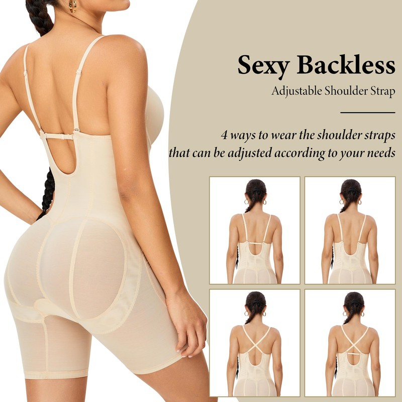 SAYFUT Full Body Shapewear Mid Thigh Mesh strapless Bodysuit Top