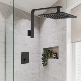 Aquaiaw High Rise Shower Arm and Flange, 10.5 inch, Solid Brass, Square, Matte Black, Gooseneck Raised Shower Head Arm W/Escutcheon, Both Soldered 1/2 NPT Tapered Threads, Wall Mount Shower Extension