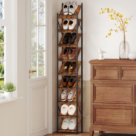 Hzuaneri Vertical Shoe Rack, 9 Tier Narrow Shoe Shelves, Wooden Shoe Shelf, Shoe Tower for Closet, Entryway, Freestanding Dual Mode Adjustable Shoes Organizer Behind Doors, Rustic Brown, SR28901B