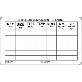 Fire Sprinkler Inventory Sign, Decal, 4" x 2 1/4" - Pack of 25