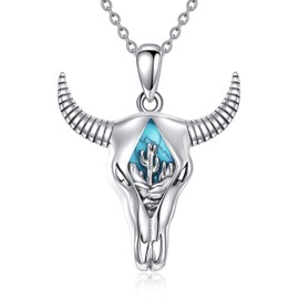 YAFEINI Bull Head Necklace 925 Sterling Silver Turquoise Cactus Bull Pendant Necklace Western Jewelry for Women Men, Sterling Silver, No Gemstone