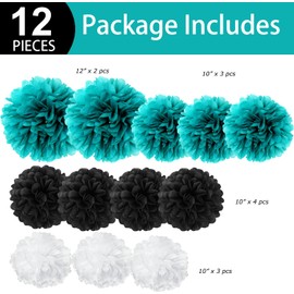 12PCS Teal Turquoise Aqua Black Party Streamers Paper Flower Pom Poms - Cool Dude Birthday Party Decorations Backdrop Breakfast Blue Teen Boys Party Mustache Baby Shower Wedding Décor