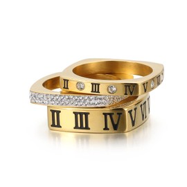 UNAPHYO Women's Roman Numeral Square Rings Stainless Steel Statement Engagement Stacked Rings Set 3PCS Cubic Zirconia Wedding Band Gold Size 6