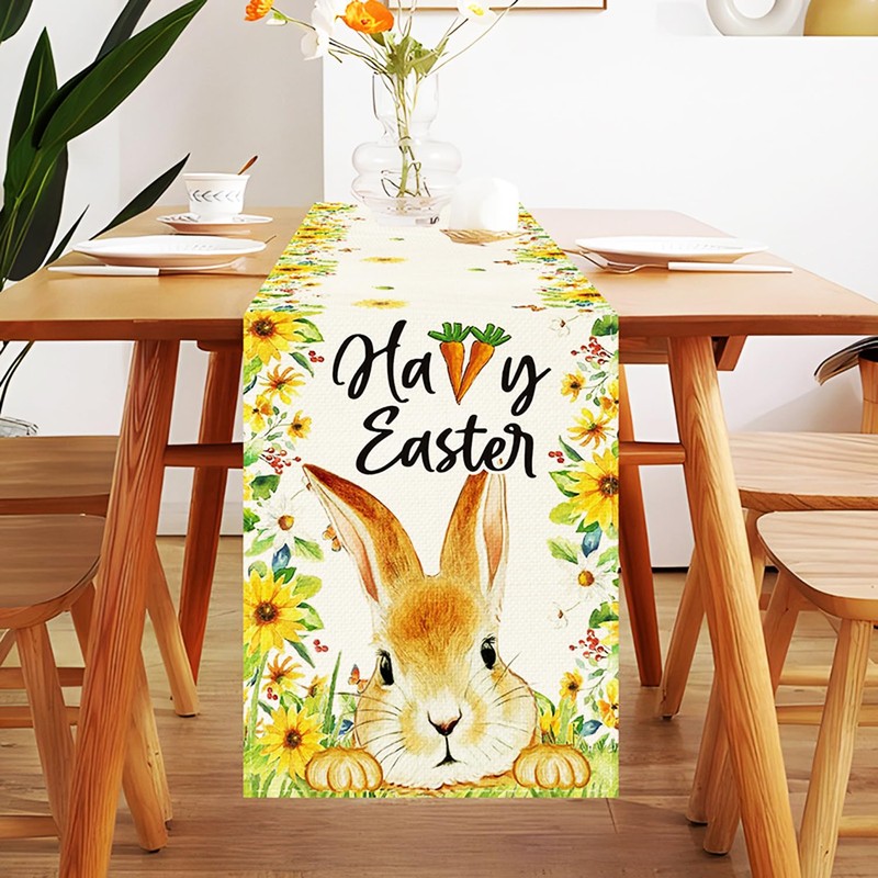 SEAHUI Happy Easter Table Runner Rabbit Tablecloth Bunny Flower Linen