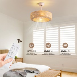 MOOONICHE 20" Boho Caged Ceiling Fan with Lights Flush Mount,Rattan Flush Mount Ceiling Fans with Lights and Remote Control, 6 Speeds and Low Noise for Bedroom, Living Room