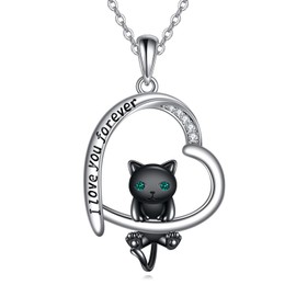 POPLYKE Black Cat Necklace for Women 925 Sterling Silver Heart Animal Necklace Cat Jewellery Cat Gifts for Cat Lovers, Sterling Silver, Cubic Zirconia