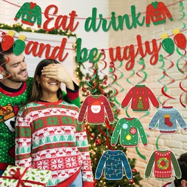 Eat Drink And Be Ugly Banner Ugly Christmas Sweater Decorations Ugly Sweater Party Supplies Ugly Christmas Sweater Party Decor