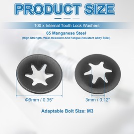 PATIKIL M3 Star Internal Tooth Lock Washers, 100 Pack Push on Retaining Clips Manganese Steel Quick Speed Locking Washers for Fastening, Black