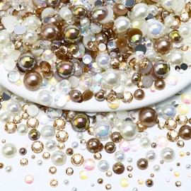 Towenm 60g Flatback Pearls and Rhinestones for Crafts, Mix Rhinestones and Half Pearls for Tumblers Shoes Face Nail Art, 2mm-10mm Mix Pearl Rhinestones for Bedazzling, Ivory|Light Coffee