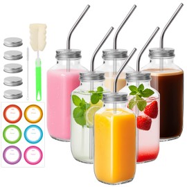 BIGIVACA 16 oz Glass Bottles for Juicing - 6 Pack Glass Juice Bottles with Lids and Stainless Straws - Reusable Juicing Bottle, Square Airtight Containers for Drinks, Travel, Storage