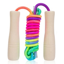Mritrit Kids Traditional Skipping Ropes Cotton for Age 5-9 Year, 250cm Long Adjustable Children's Jump Rope with Wooden Handle for Boys and Girls, School Supplies, Outdoor Group Activity (Rainbow)