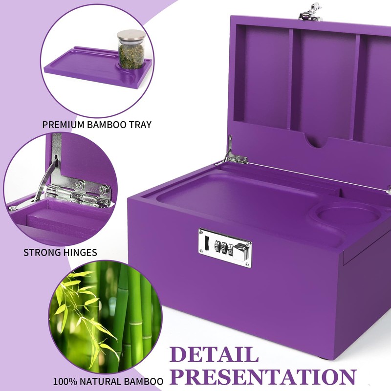 Large Bamboo Box with Combination Lock, Purple Decorative Storage Box