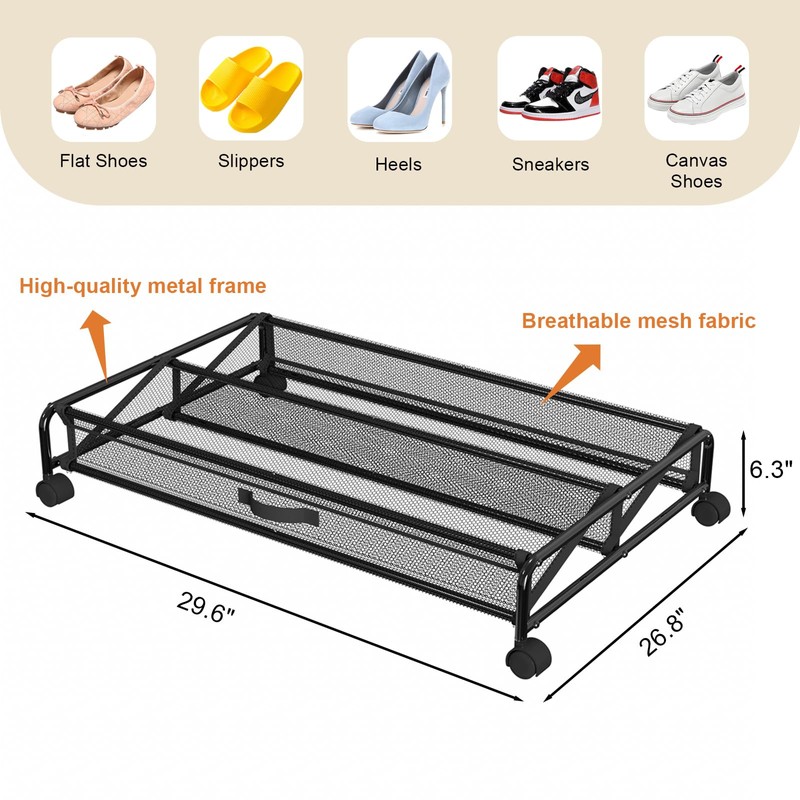 KOSIWU Under Bed Shoes Storage, 2 Pack Rolling Under-bed Storage