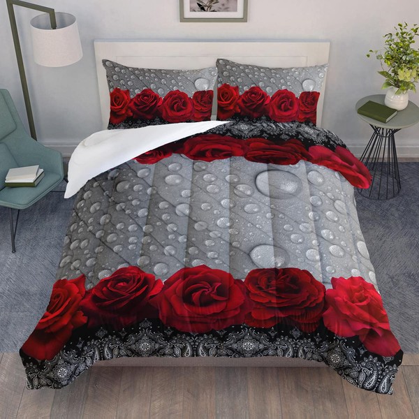 AILONEN 3D Oil Painting Red Rose Comforter Set Twin Size,