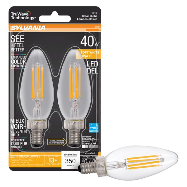 SYLVANIA LED TruWave Natural Series Décor B10 Chandelier Light Bulb, 40W Equivalent Efficient 4W, Candelabra Base, Dimmable, 350 Lumens, Clear, 2700K, Soft White - 2 Pack (40794)
