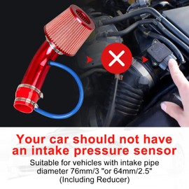 CarBole Cold Air Intake Filter 3"/76mm,Air Induction Alumimum Kit with Clamp,Fit for Vehicle Engine,Red