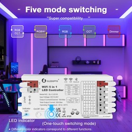 GLEDOPTO WiFi Bluetooth 5 in 1 LED Strip Controller DC12-24V 20A Current RGBCCT RGBW RGB CCT WWCW Dimmer Five Modes in One Work with Tuya Smart Life App Control for PWM Dimming Strip Light Easy Wiring