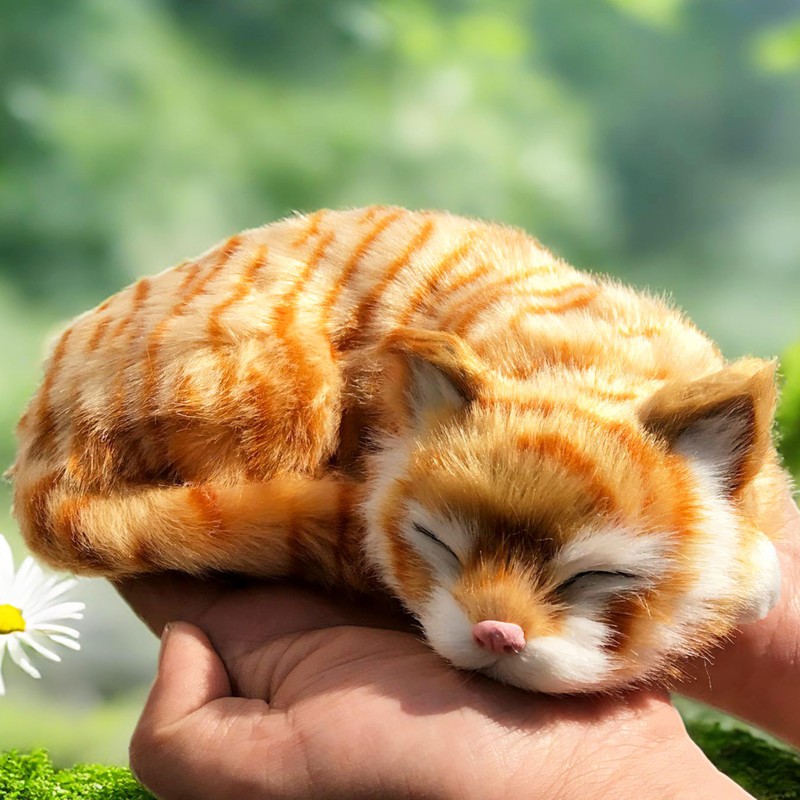 Basuo-9Q Lifelike Sleeping Tabby Cat Figurine - Realistic Curled Up
