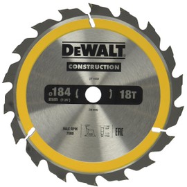 Dewalt DT1938-QZ DT1938-QZ-Hoja para construcción 184 x 16mm 18T (AC), Yellow, 184 x 16 mm