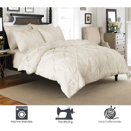 Elegant Comfort 3 Piece Pinch-Pleated Button Closure, Wrinkle-Resistant Ultra-Soft Microfiber Duvet Cover Set, Luxurious Pintuck Décor, Full/Queen, Natural Cream