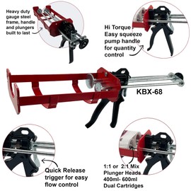 KARBXON KBX68 Dual component adhesive epoxy dispenser 600ml / 400ml accepts 1:1 & 2:1 mix ratio cartridges 26:1 thrust ratio professional heavy duty dripless applicator and (9) Piece Tool Kit