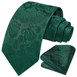 HISDERN Dark Green Mens Ties Paisley Tie and Pocket Square Woven Classic Floral Mens Necktie Handkerchief Set for Wedding Party