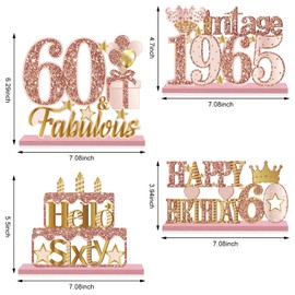 Yatufom 4 Pieces 60th Birthday Vintage 1965 Wooden Table Centerpieces Decoration for Women, Pink Rose Gold Happy 60 Birthday Table Sign Party Supplies, Hello Sixty Year