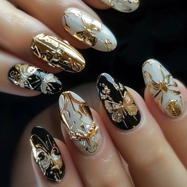 CJDLTS Press on Nails Almond Medium Gold Metal Butterfly Pattern Design Full Cover Glossy Artificial Fingernails Almond Shaped Acrylic Fake Nail 24Pcs Reusable Glue on Nails for Women