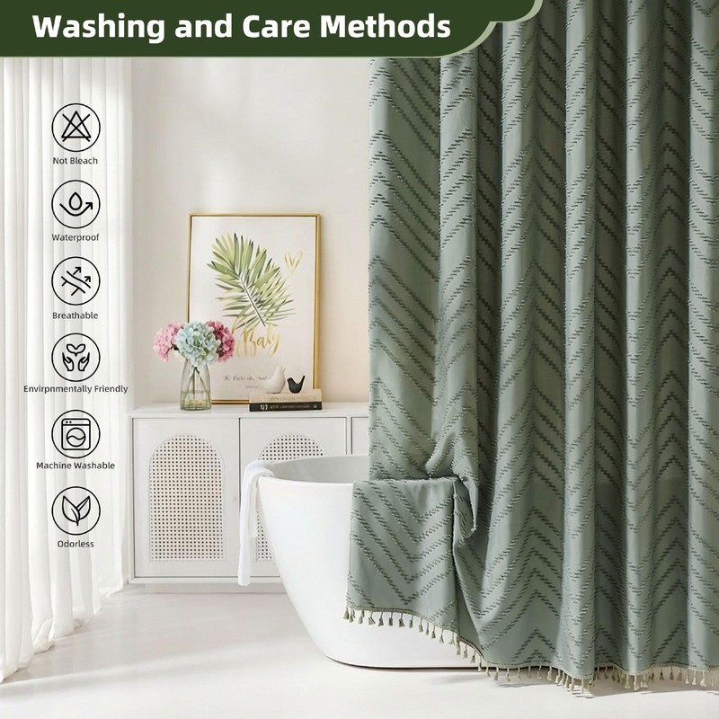 Siiluminisoy Extra Long Sage Green Boho Shower Curtain with Tassel,