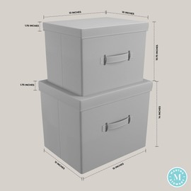 Martha Stewart Essential Collapsible Stackable Decorative Home Storage Organization With Lidded Tops, Set of 2 Nesting Boxes with Lids, Stone