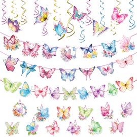 JIEYUMAO 27Pcs Multicolor Butterfly Hanging Swirl Decorations with Banner, Spring/Summer Themed Party Supplies for Wedding, Birthday, Outdoor Party